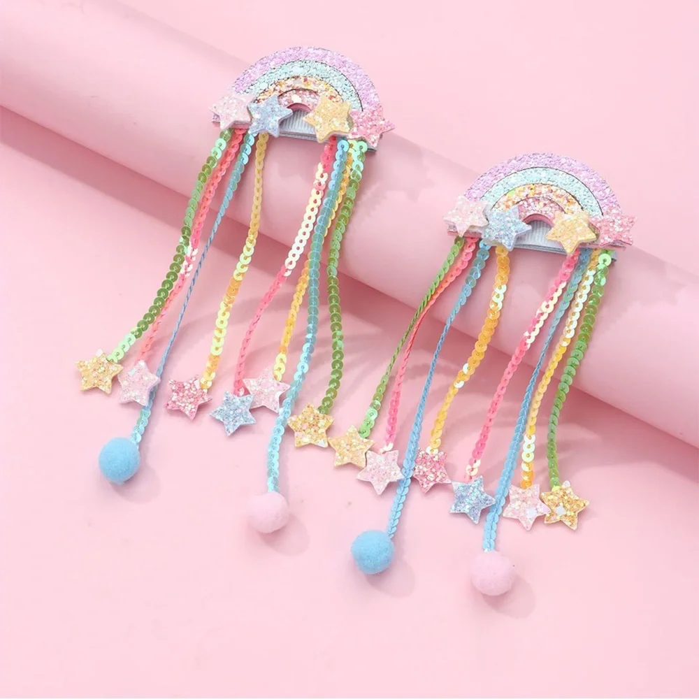 Rainbow Hair Clips with Dangling Beads and Stars